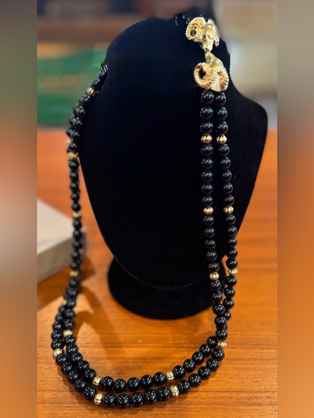 Vtg. Kenneth Jay Lane-KJL for Avon-Black/Gold Beaded Necklace, Ram’s Head Clasp